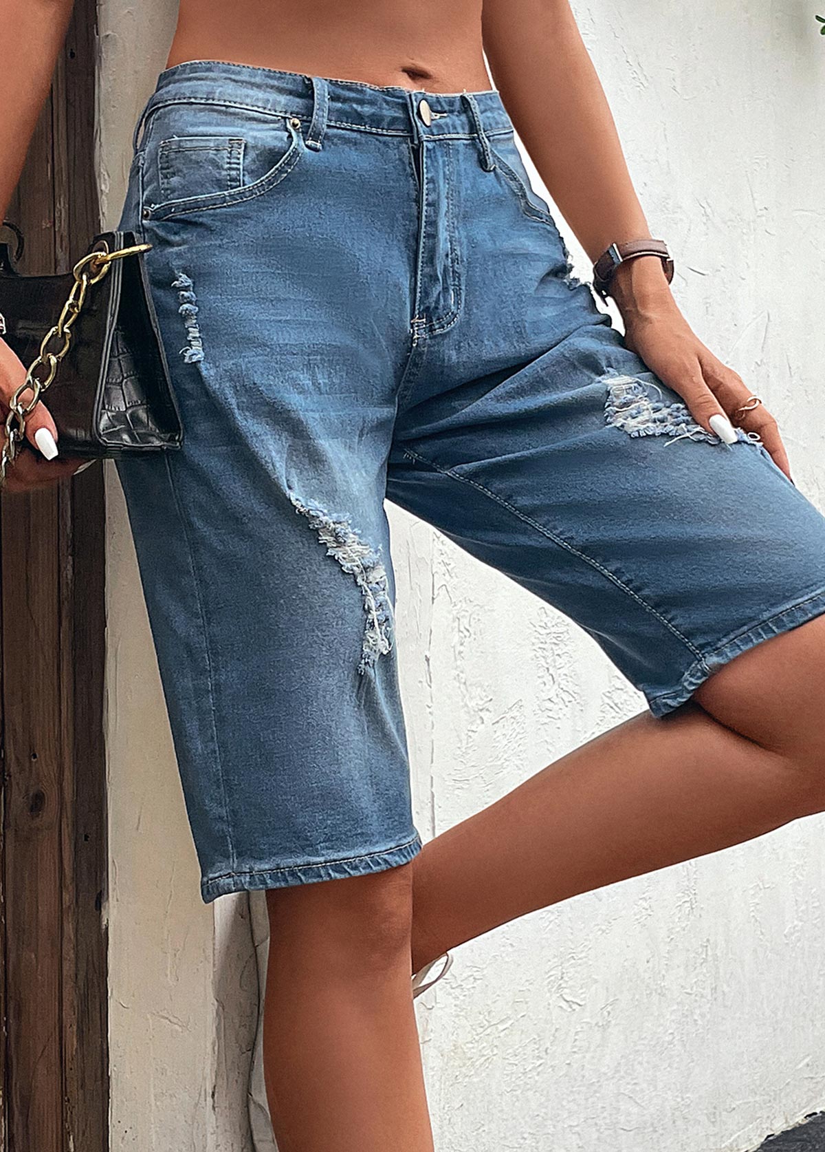 Dark Blue Hole Button Fly Denim Shorts | picture 