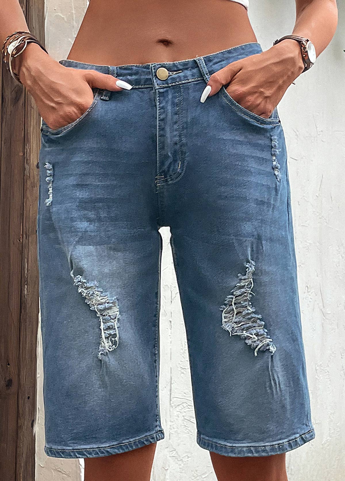 Dark Blue Hole Button Fly Denim Shorts | picture 