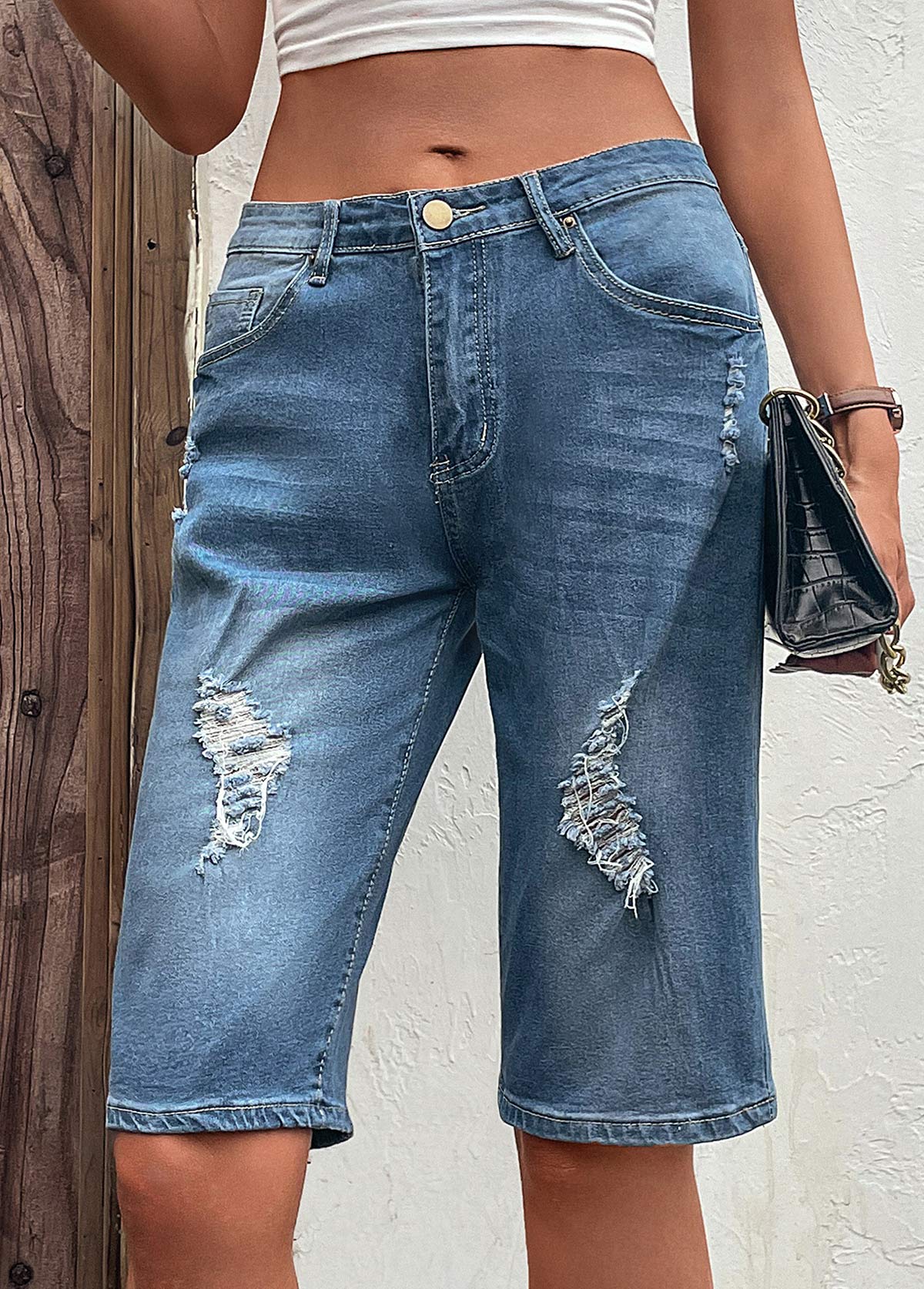 Dark Blue Hole Button Fly Denim Shorts | picture 