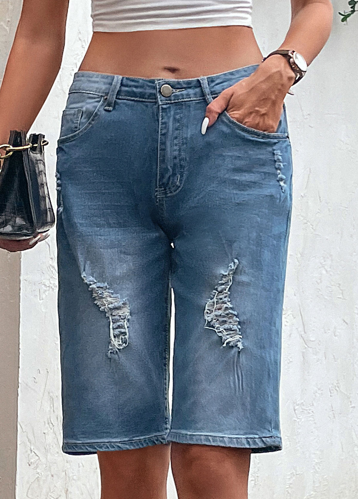 Dark Blue Hole Button Fly Denim Shorts | picture 