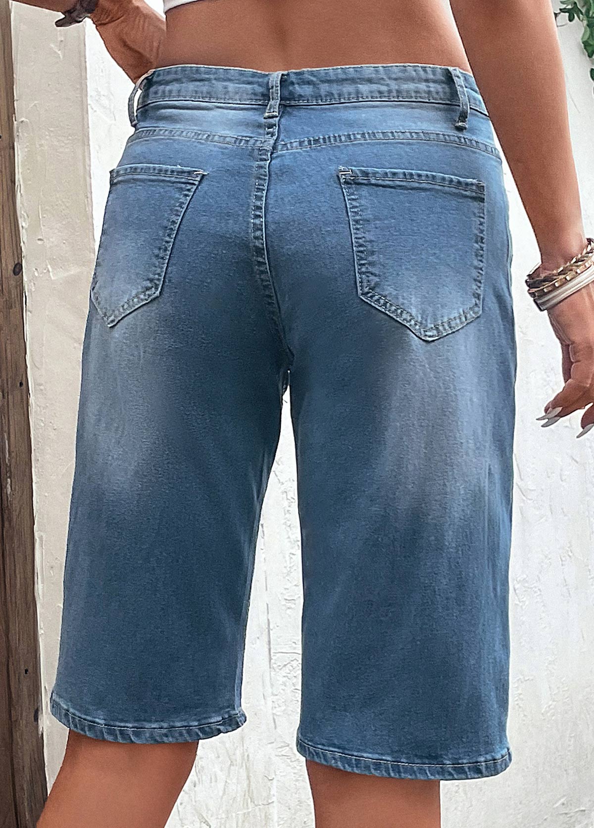 Dark Blue Hole Button Fly Denim Shorts | picture 