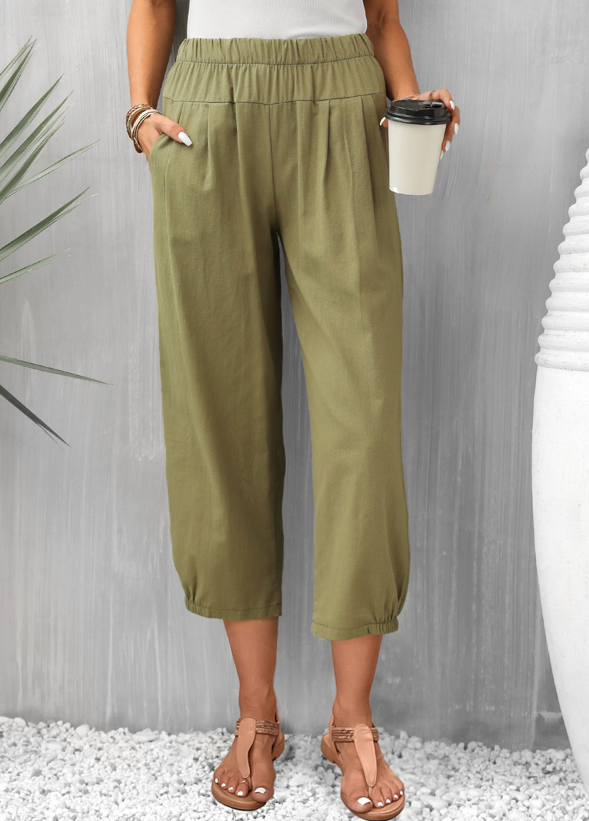 Olive Green Pocket Regular Elastic Waist Pants | picture 