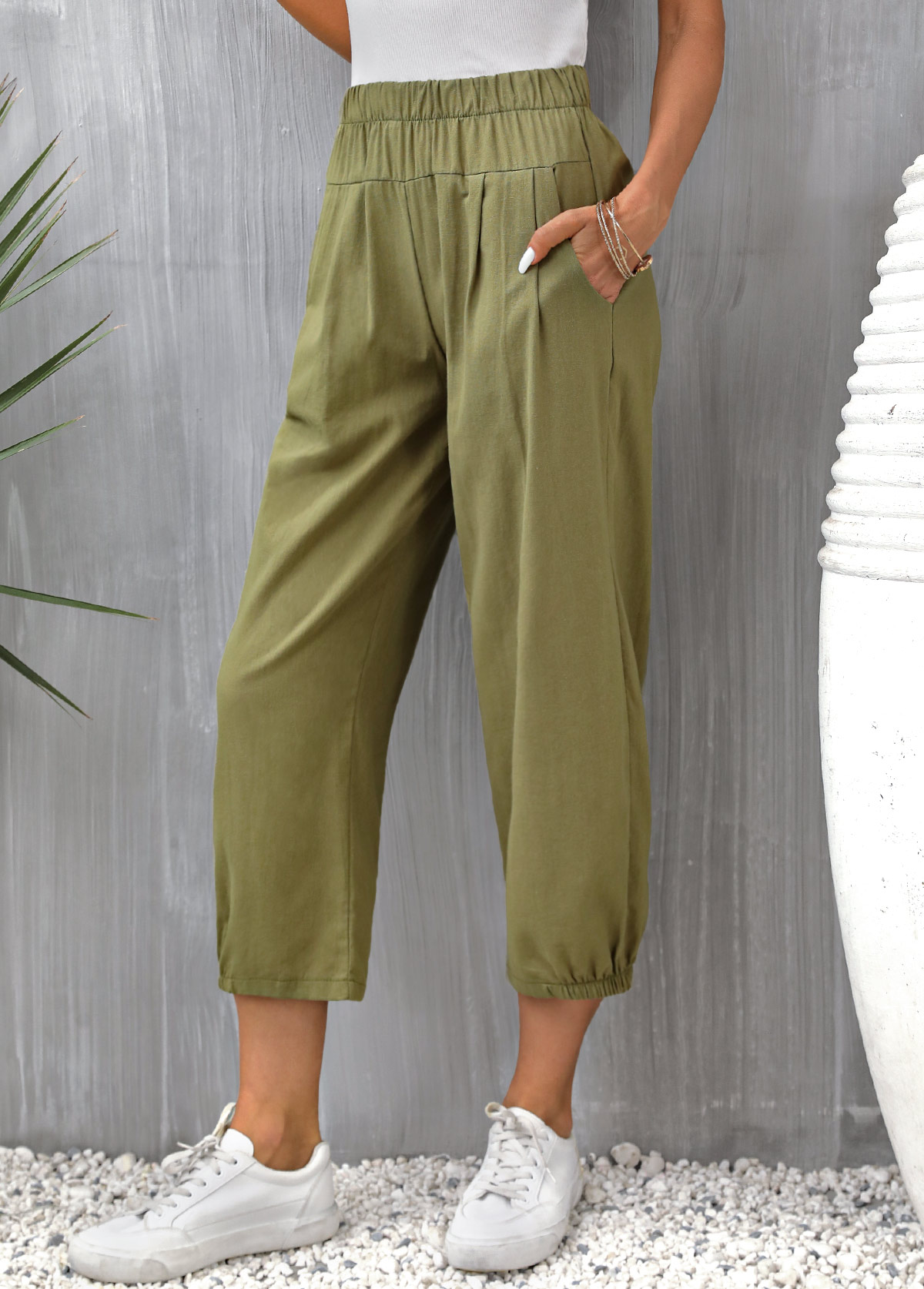 Olive Green Pocket Regular Elastic Waist Pants | picture 