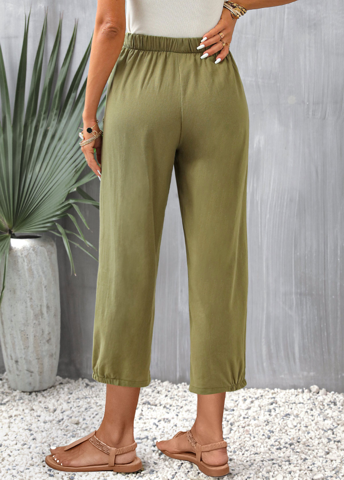 Olive Green Pocket Regular Elastic Waist Pants | picture 