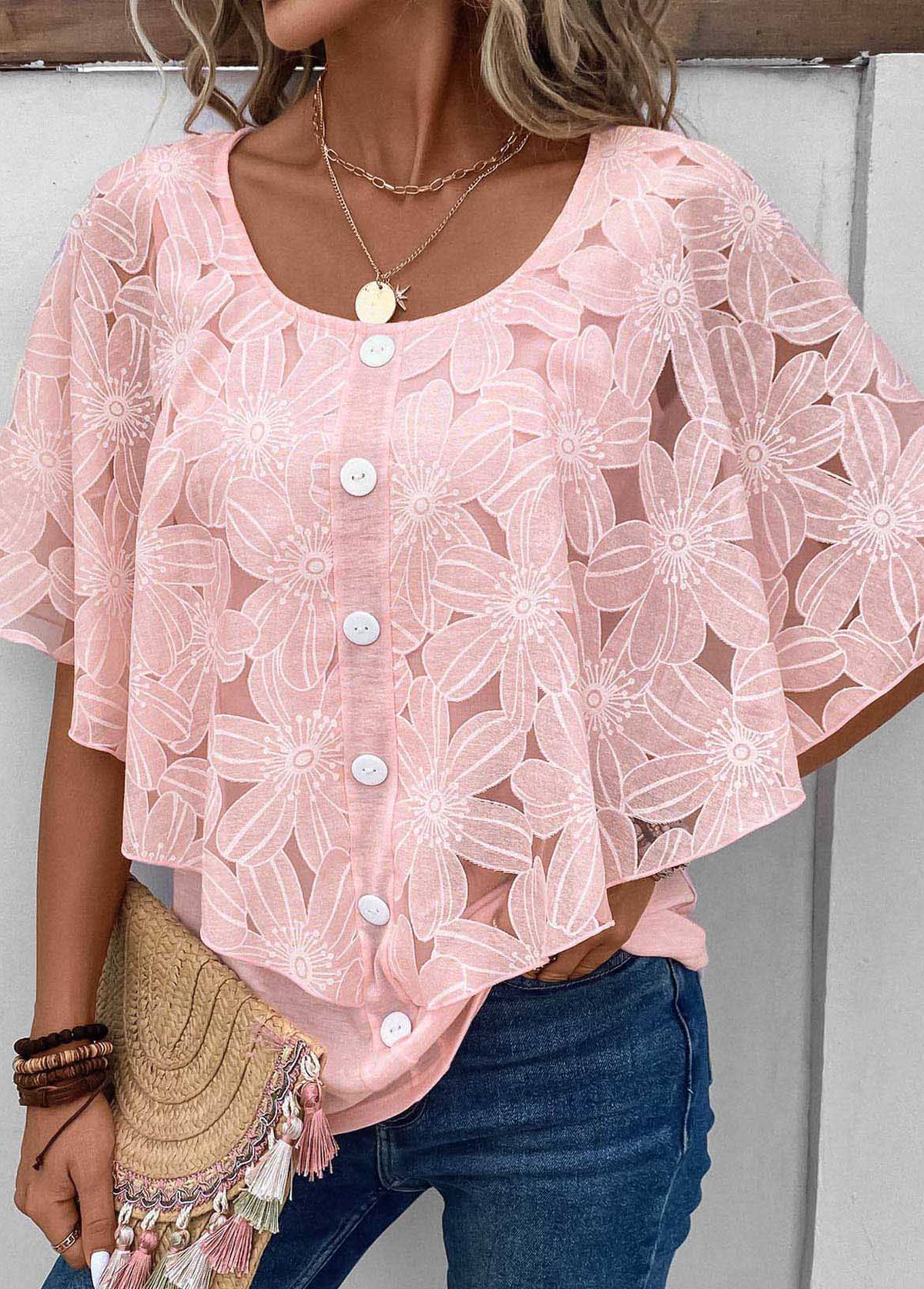 Pink Button Half Sleeve Fake Two Piece Twinset | picture 