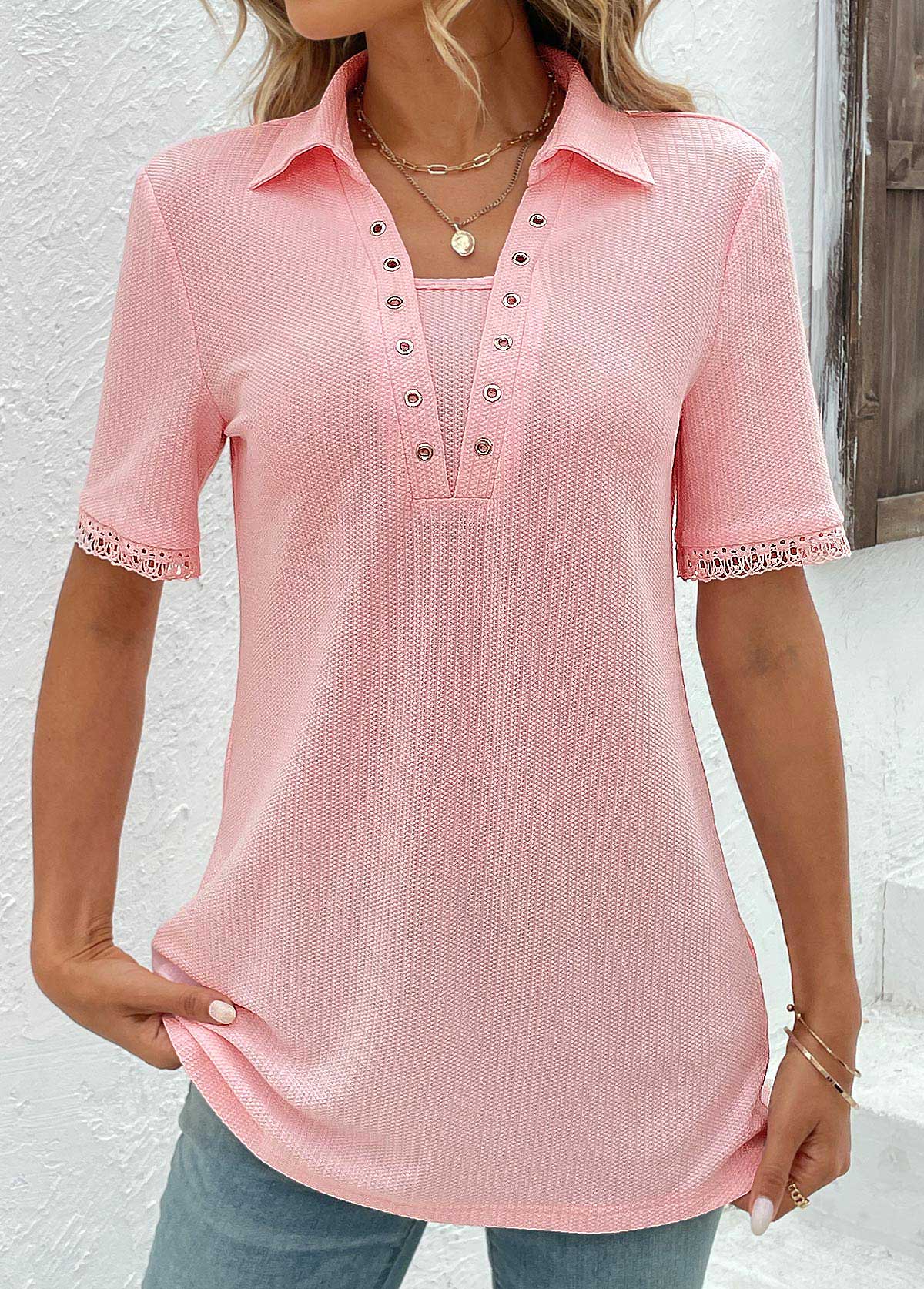 Pink Eyelet Short Sleeve T Shirt | picture 