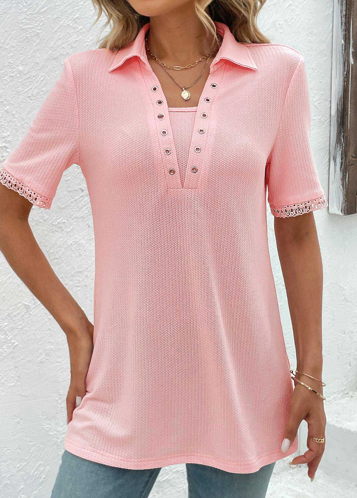 Pink Eyelet Short Sleeve T Shirt | picture 