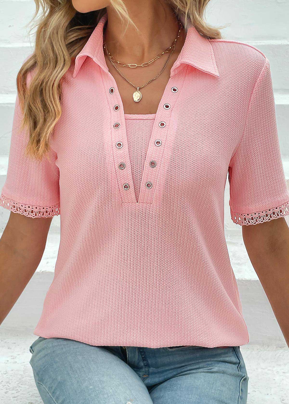 Pink Eyelet Short Sleeve T Shirt | picture 
