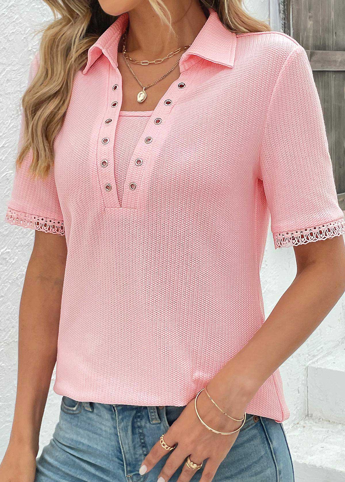 Pink Eyelet Short Sleeve T Shirt | picture 