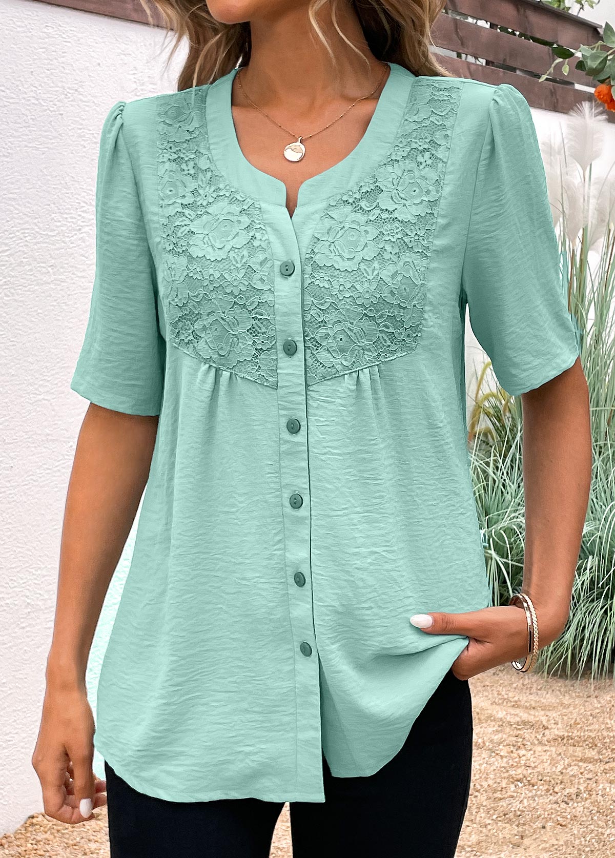 Avocado Green Button Short Sleeve Split Neck Blouse | picture 