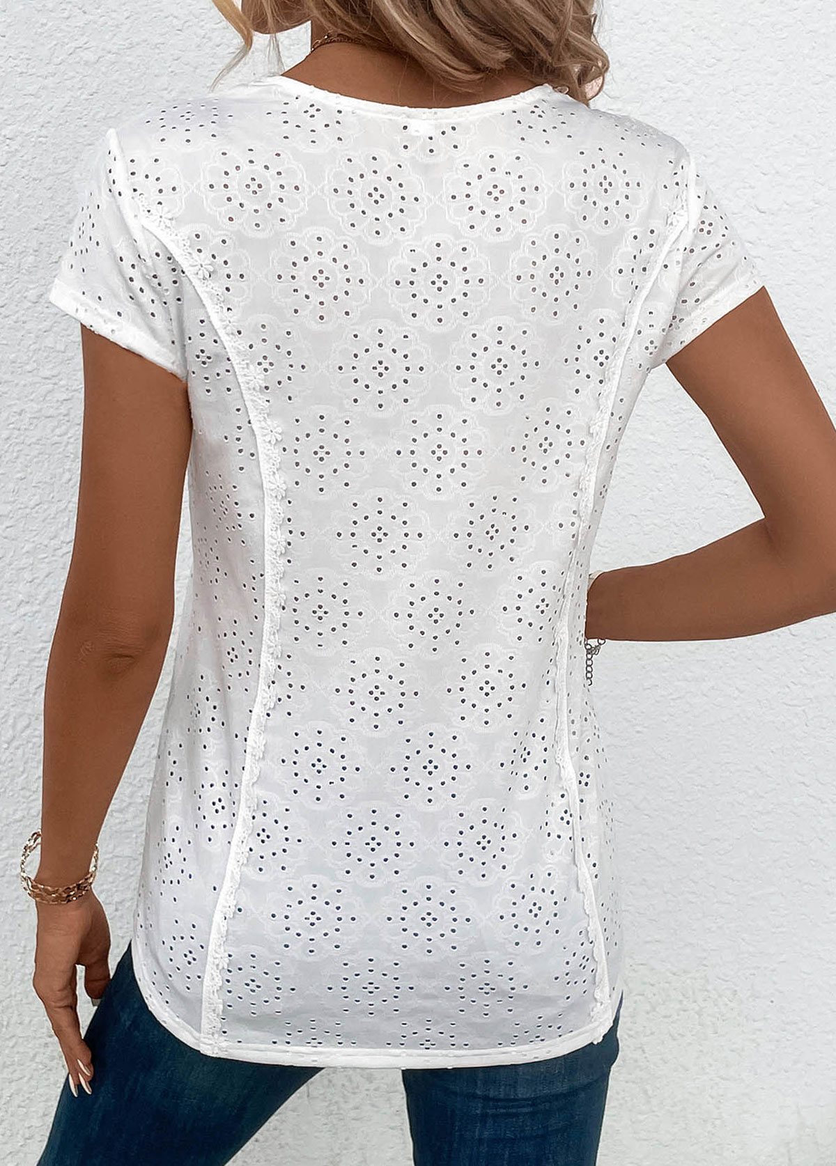 White Patchwork Short Sleeve Scoop Neck Blouse | picture 