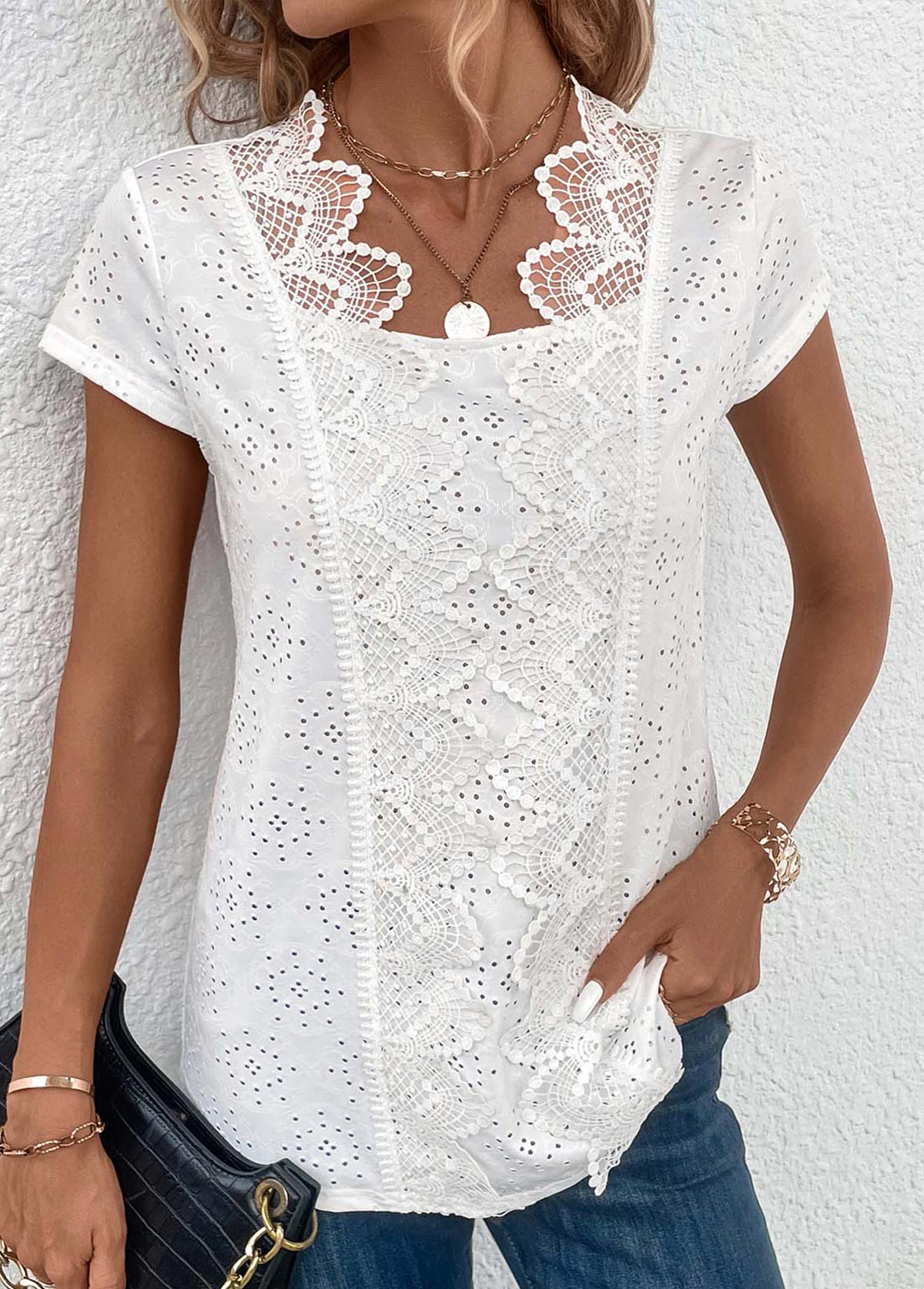 White Patchwork Short Sleeve Scoop Neck Blouse | picture 