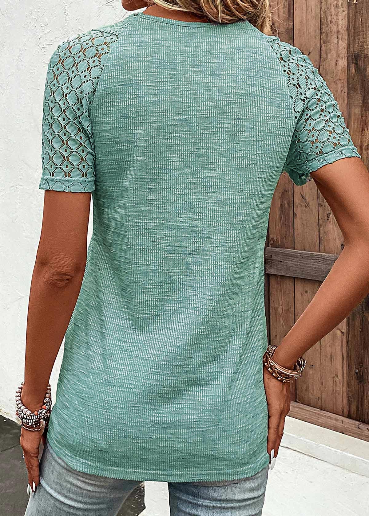 Green Lace Short Sleeve V Neck T Shirt | picture 