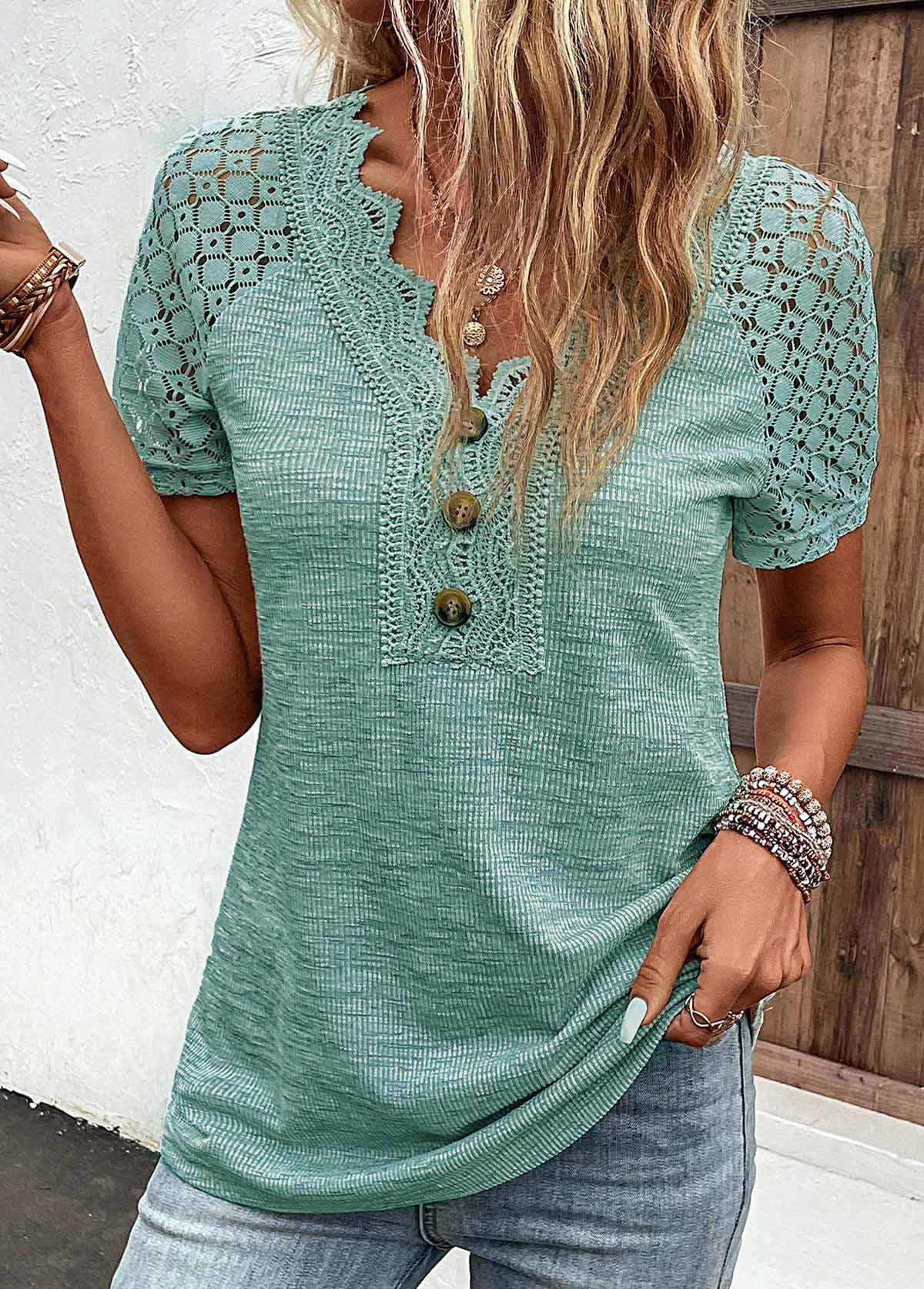 Green Lace Short Sleeve V Neck T Shirt | picture 
