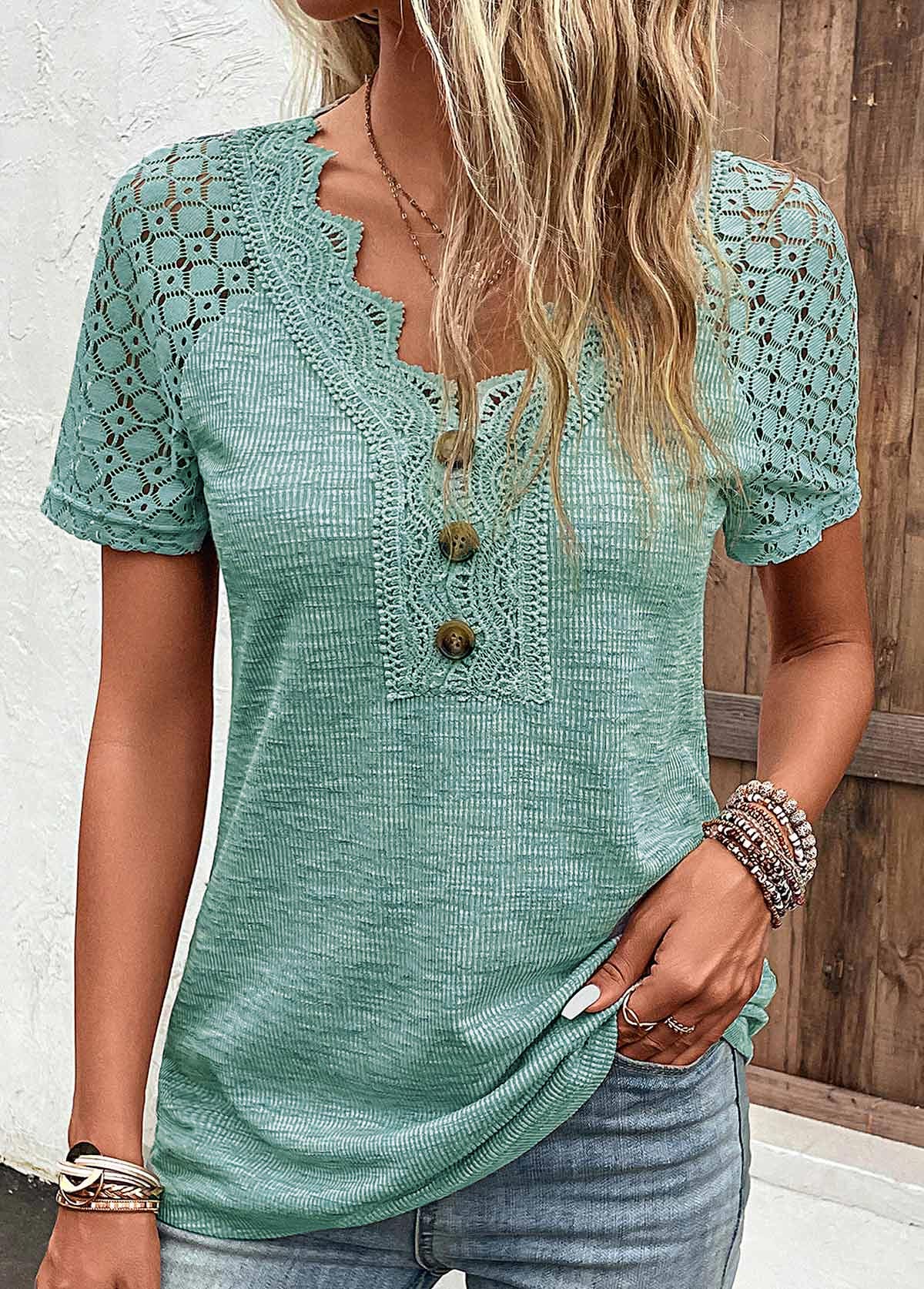 Green Lace Short Sleeve V Neck T Shirt | picture 