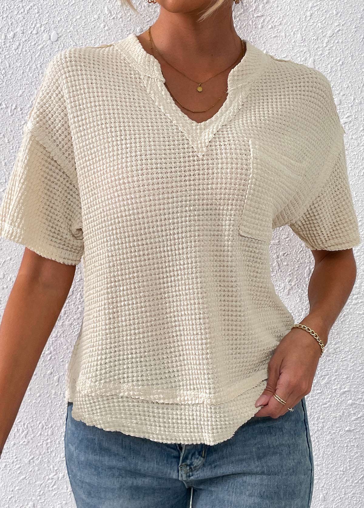 Beige Pocket Short Sleeve Split Neck T Shirt | picture 