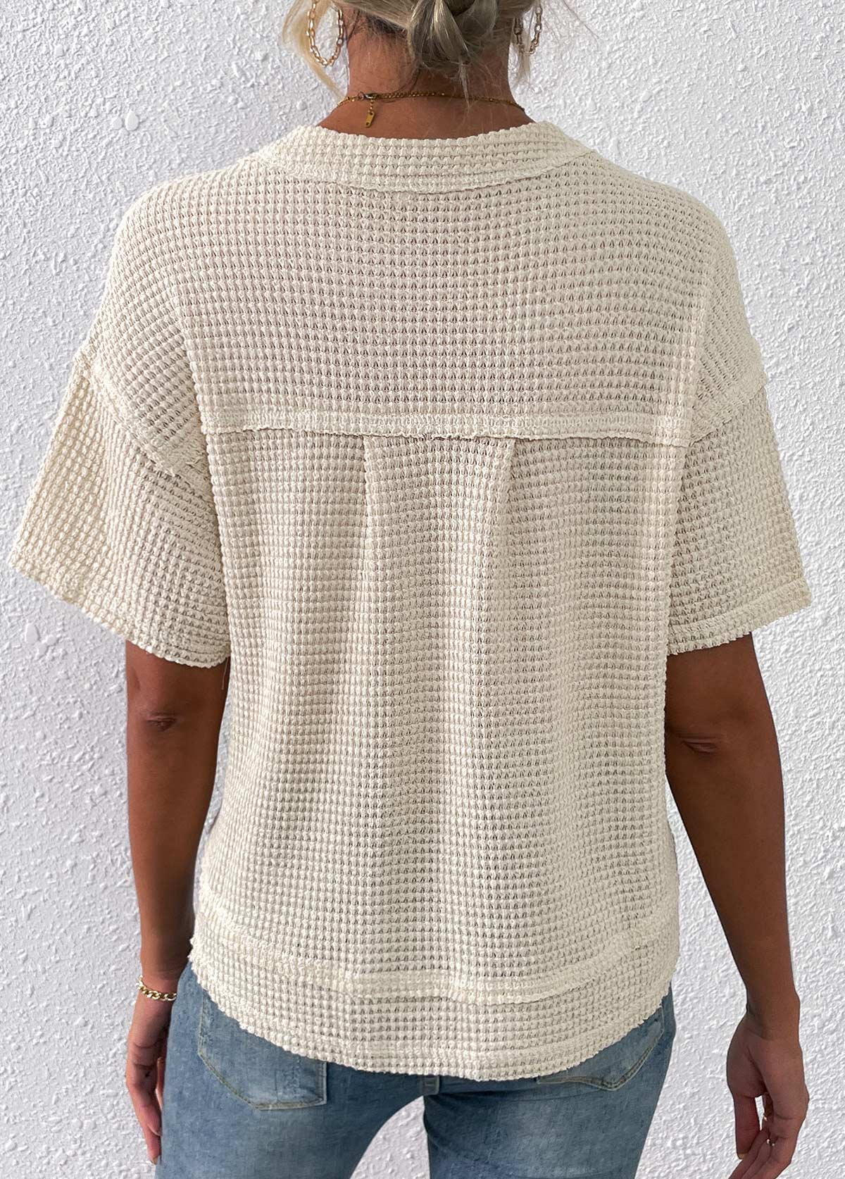 Beige Pocket Short Sleeve Split Neck T Shirt | picture 