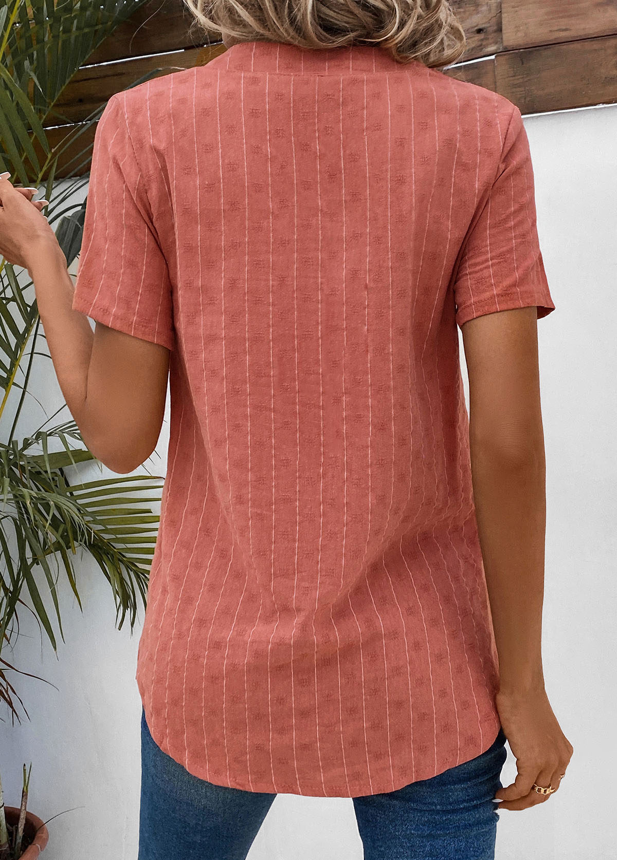 Coral Button Striped Short Sleeve Split Neck Blouse | picture 