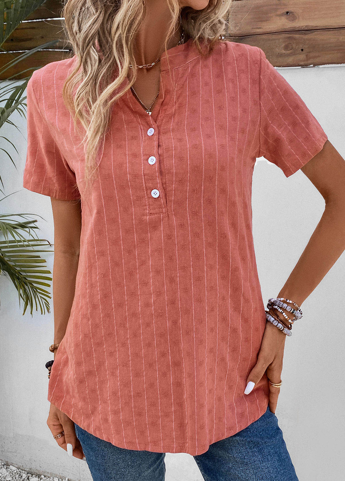Coral Button Striped Short Sleeve Split Neck Blouse | picture 