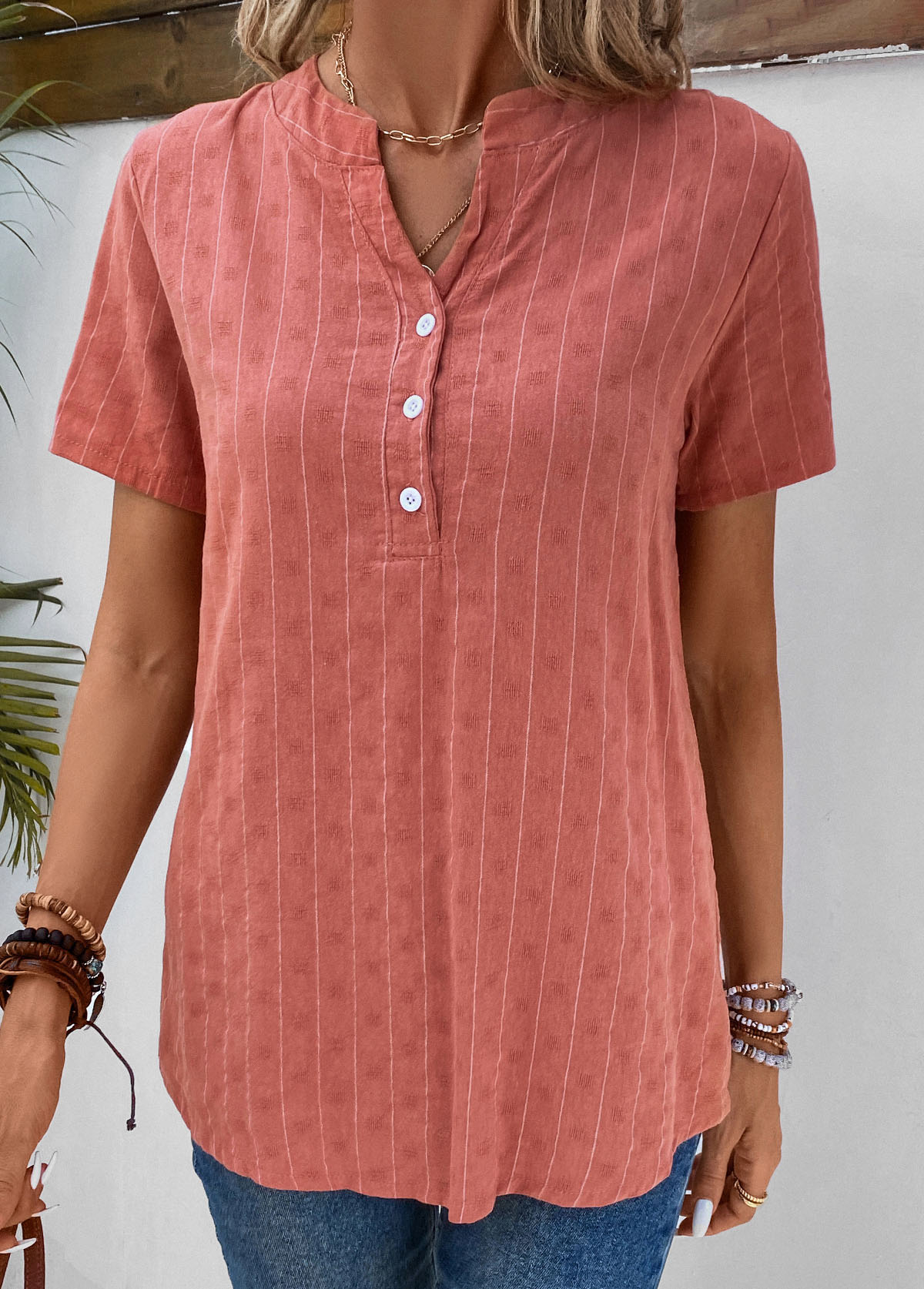Coral Button Striped Short Sleeve Split Neck Blouse | picture 
