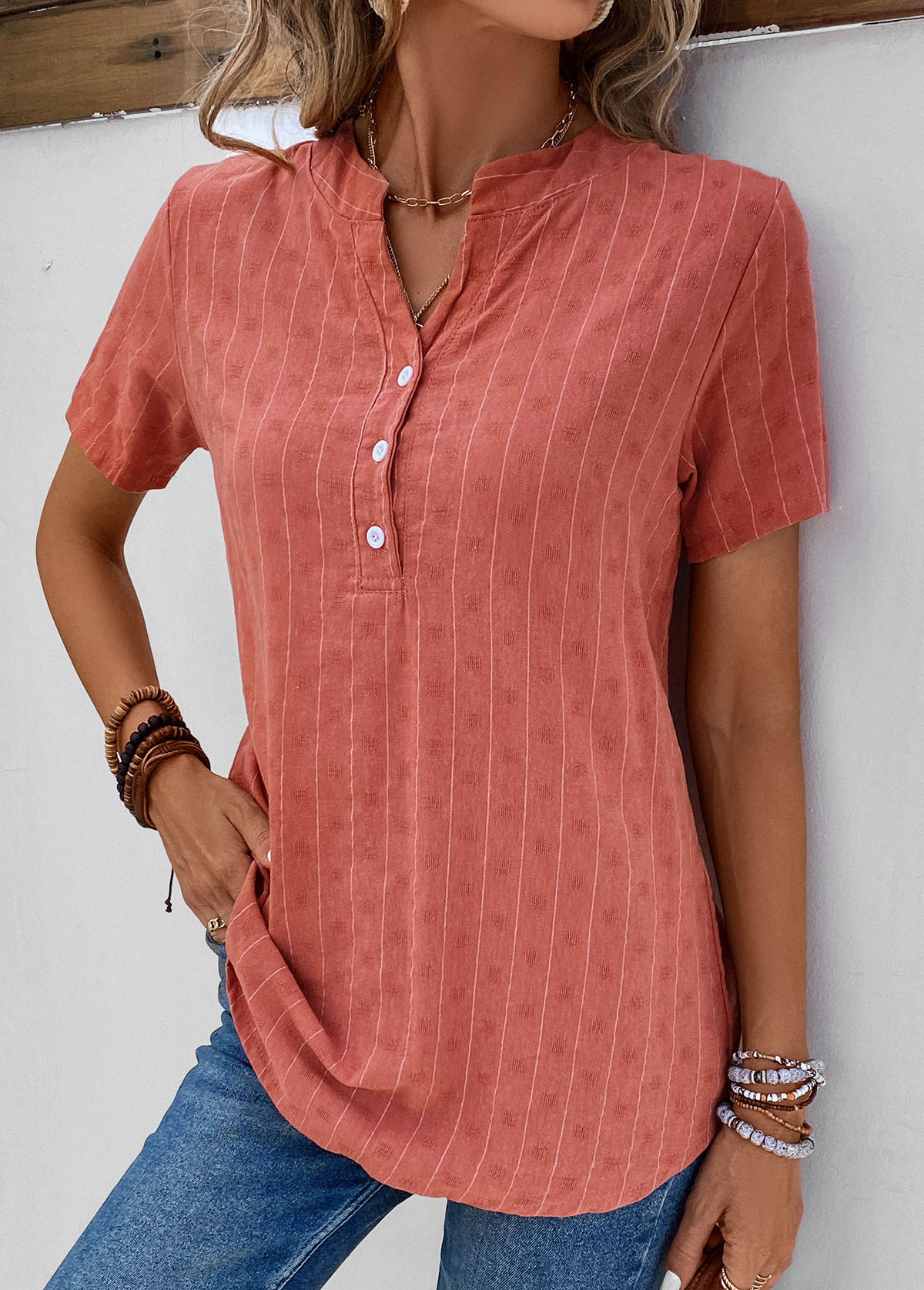 Coral Button Striped Short Sleeve Split Neck Blouse | picture 