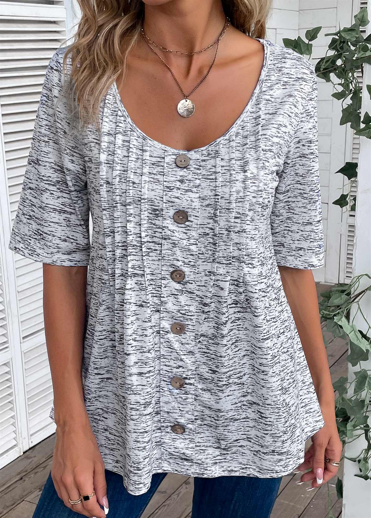 Light Grey Marl Button Half Sleeve T Shirt | picture 