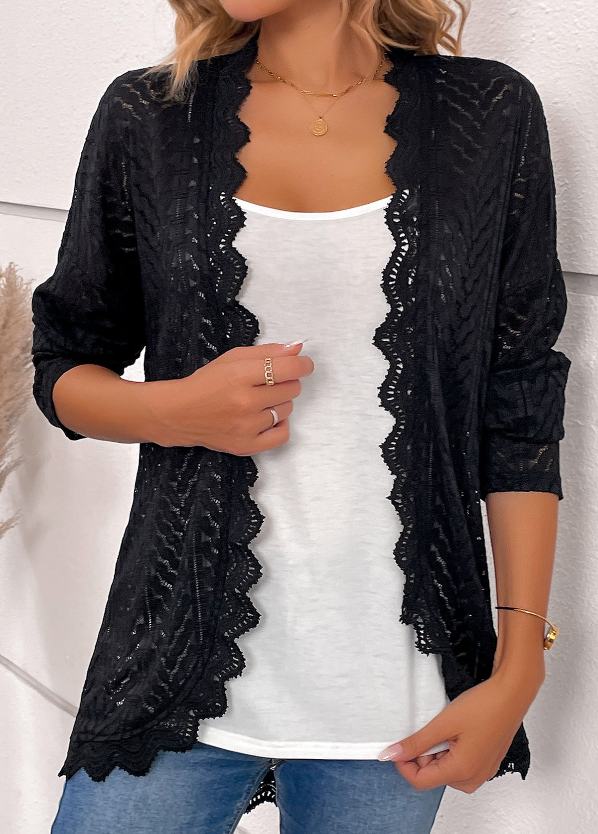 Black Scalloped Hem Long Sleeve Light Cardigan | picture 
