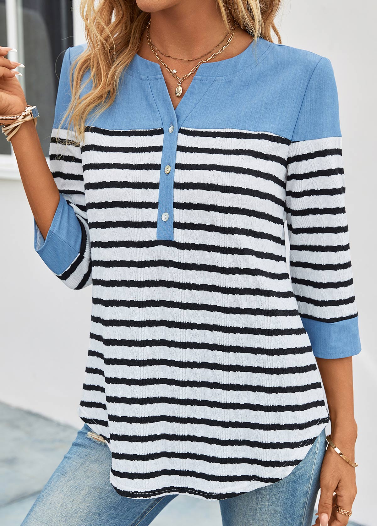 Sky Blue Button Split Striped Blouse | picture 