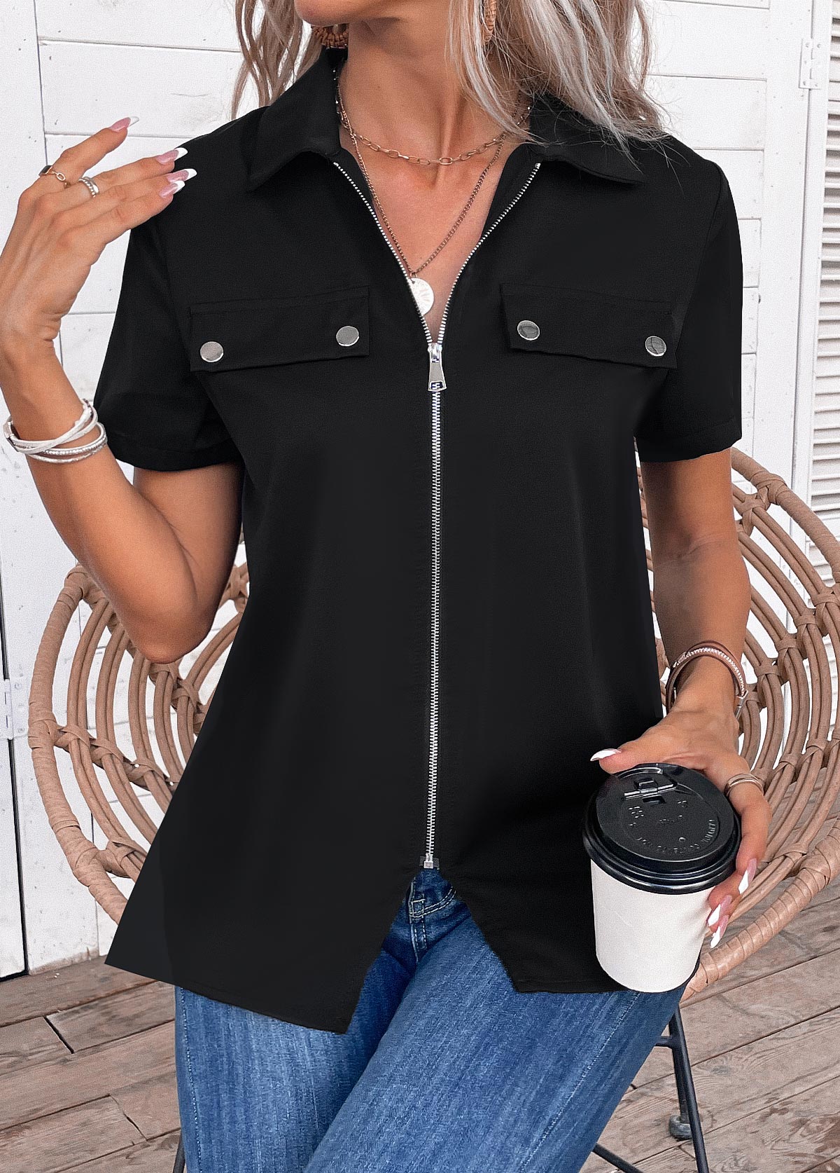 Black Zipper Short Sleeve Turn Down Collar Blouse | picture 