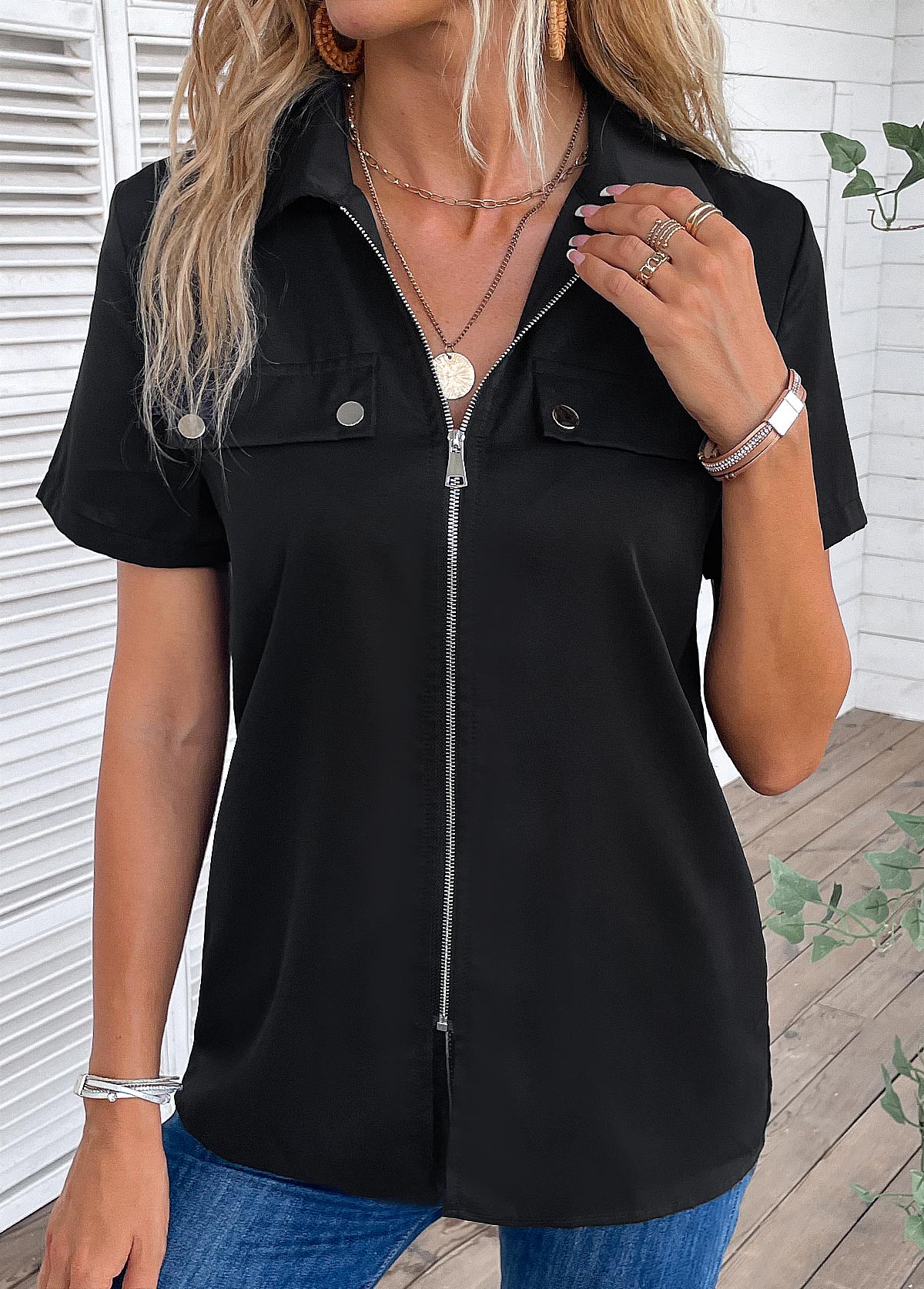 Black Zipper Short Sleeve Turn Down Collar Blouse | picture 
