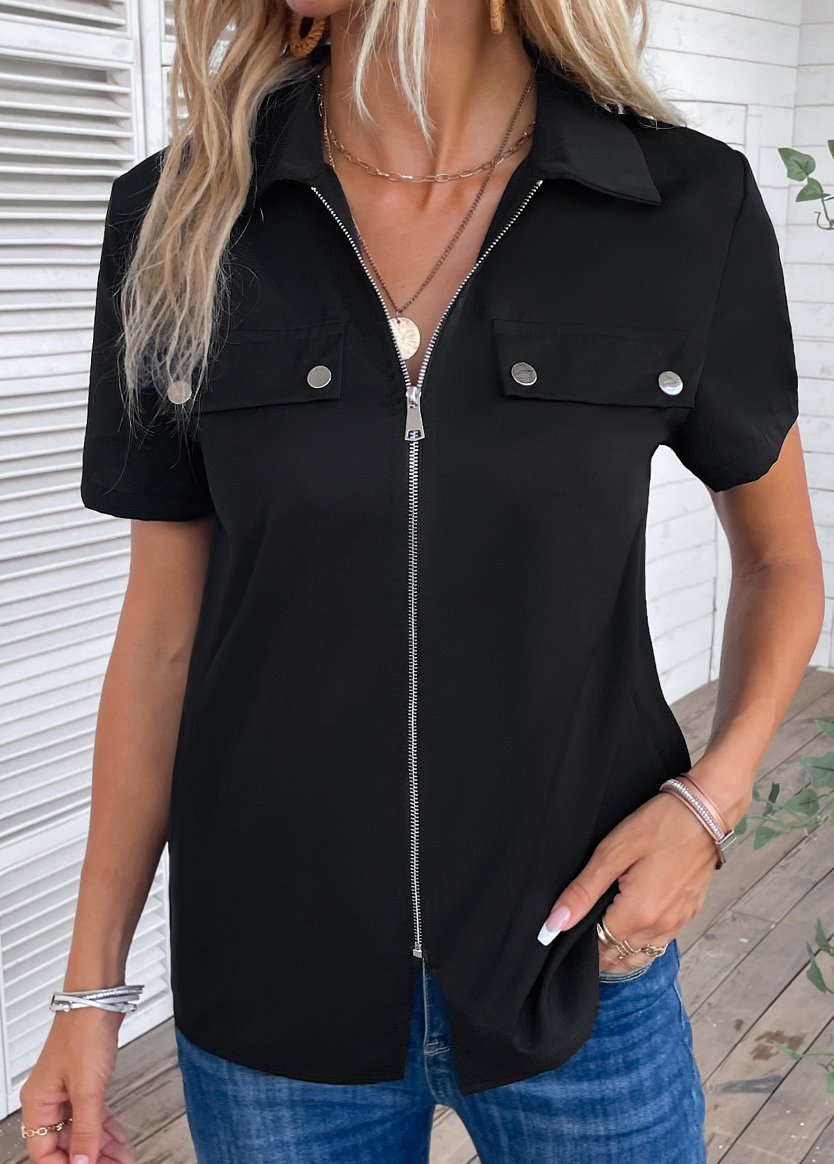 Black Zipper Short Sleeve Turn Down Collar Blouse | picture 