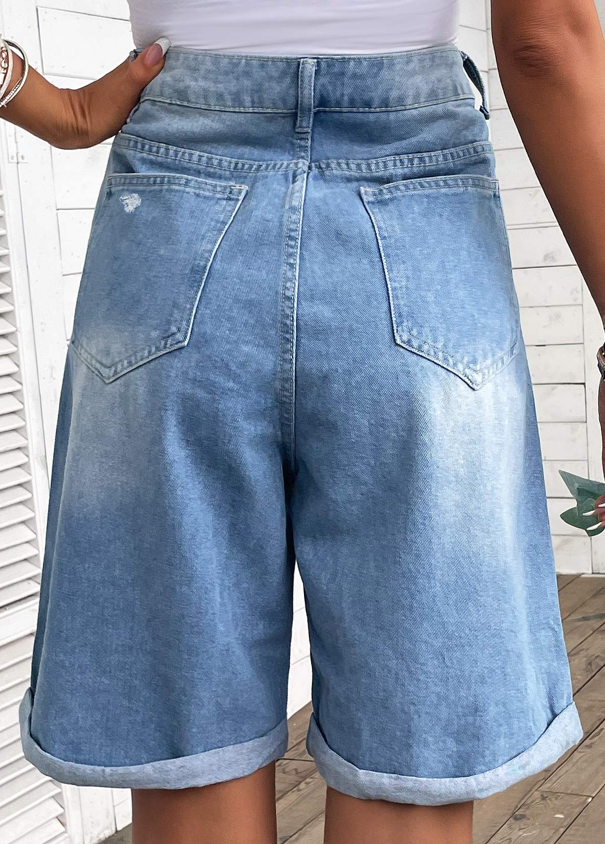 Denim Blue Pocket Button Fly High Waisted Shorts | picture 