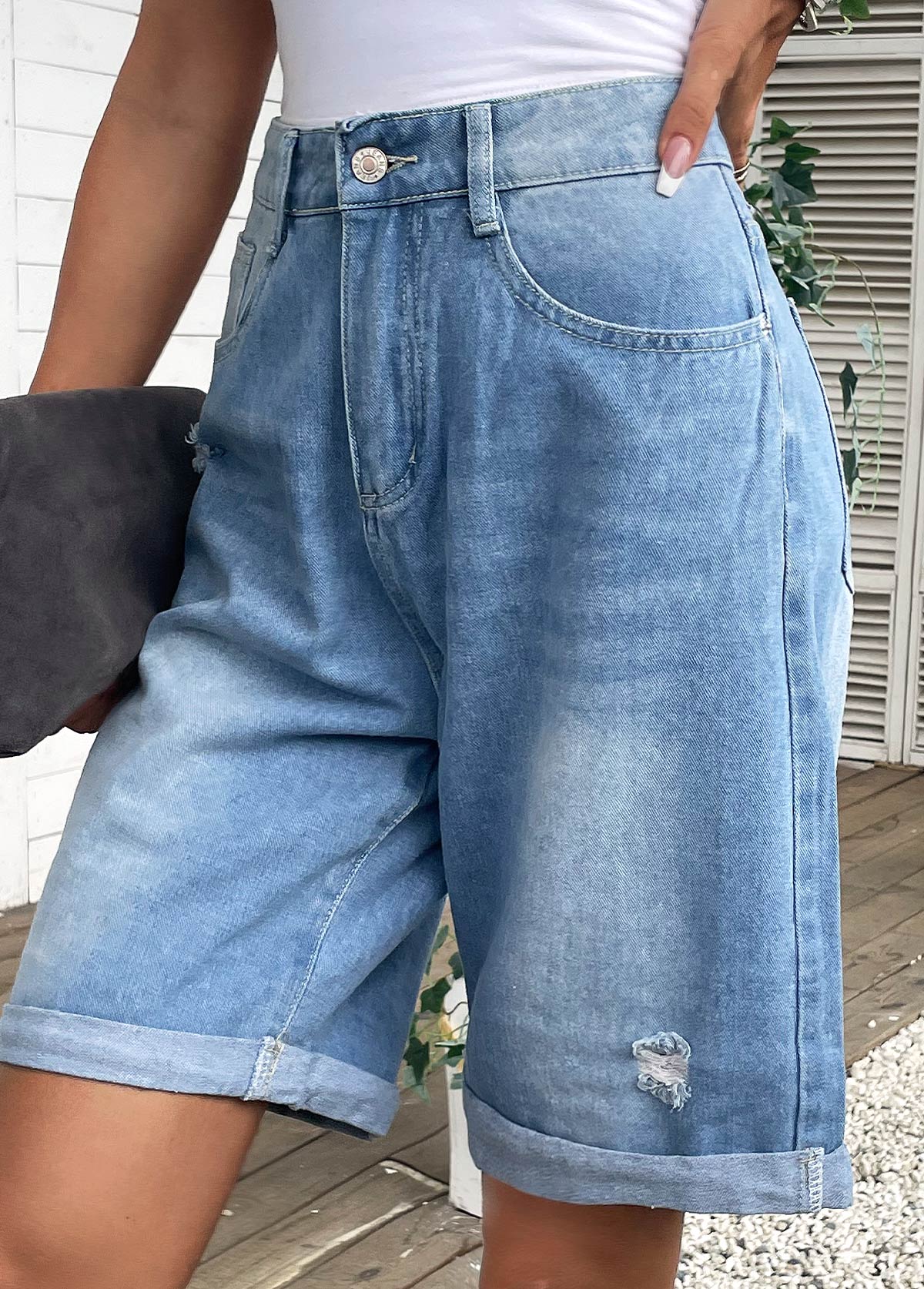 Denim Blue Pocket Button Fly High Waisted Shorts | picture 