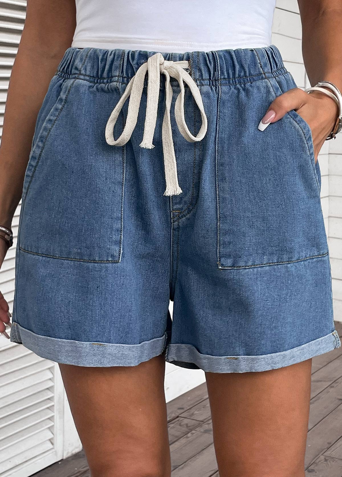 Pocket High Waisted Drawastring Denim Shorts | picture 