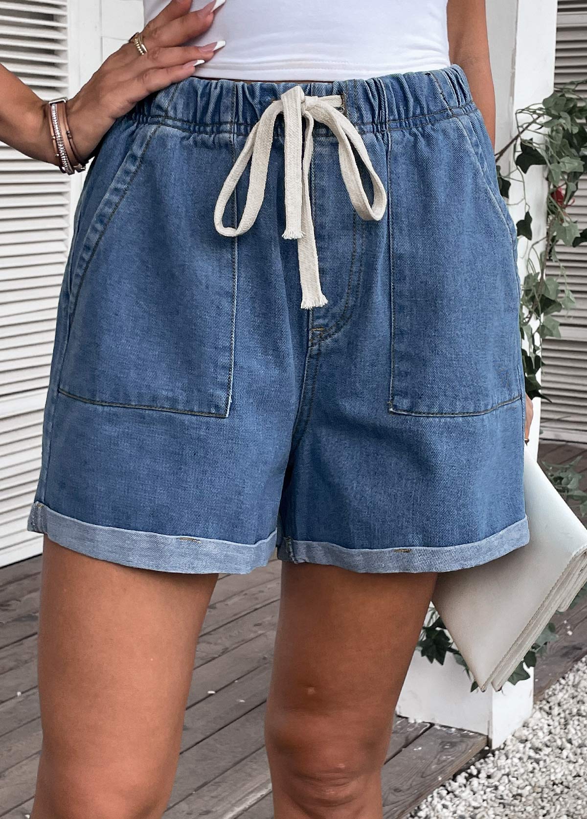 Pocket High Waisted Drawastring Denim Shorts | picture 