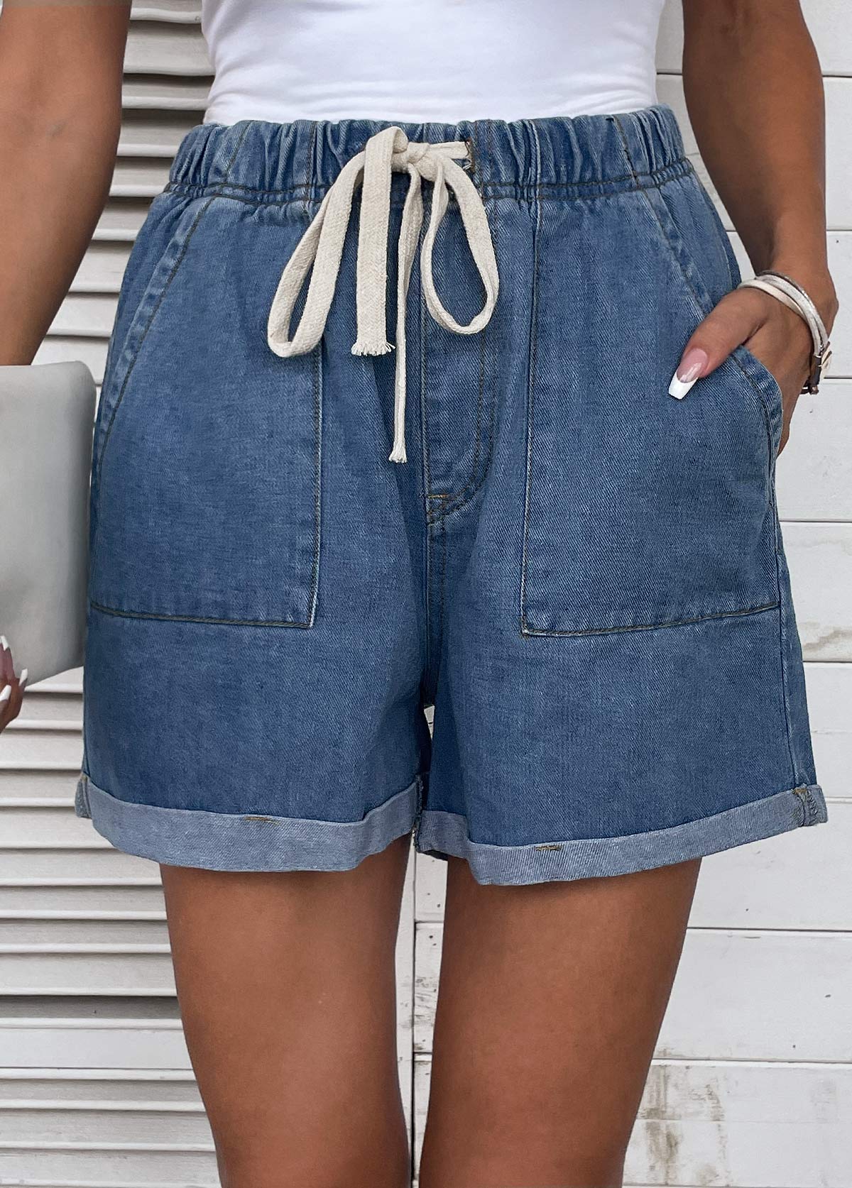 Pocket High Waisted Drawastring Denim Shorts | picture 