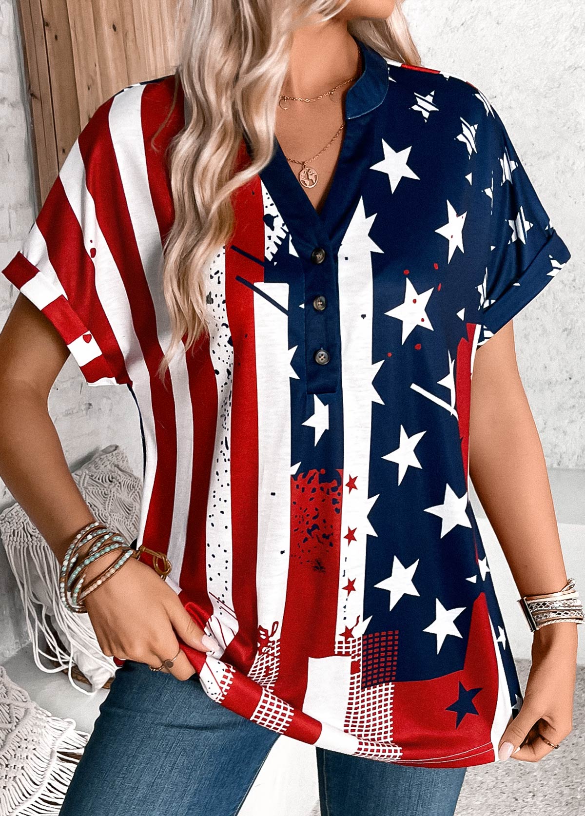 Multi Color Button American Flag Print T Shirt | picture 