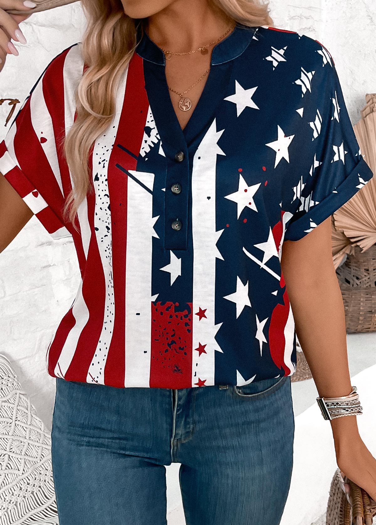 Multi Color Button American Flag Print T Shirt | picture 