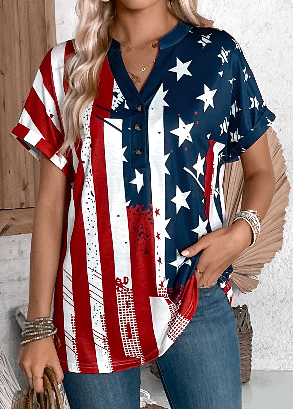 Multi Color Button American Flag Print T Shirt | picture 