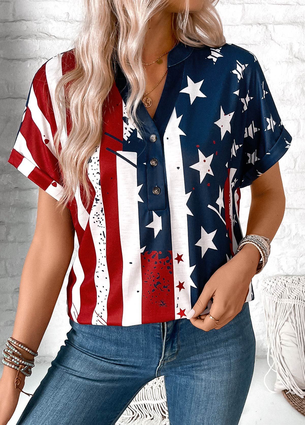 Multi Color Button American Flag Print T Shirt | picture 