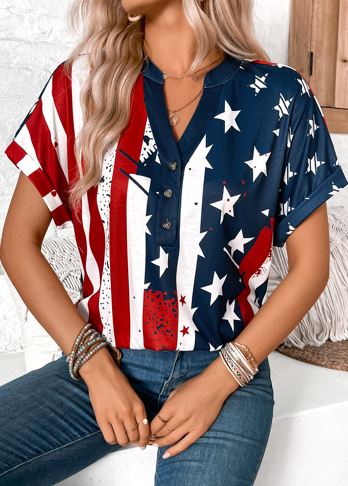 Multi Color Button American Flag Print T Shirt | picture 