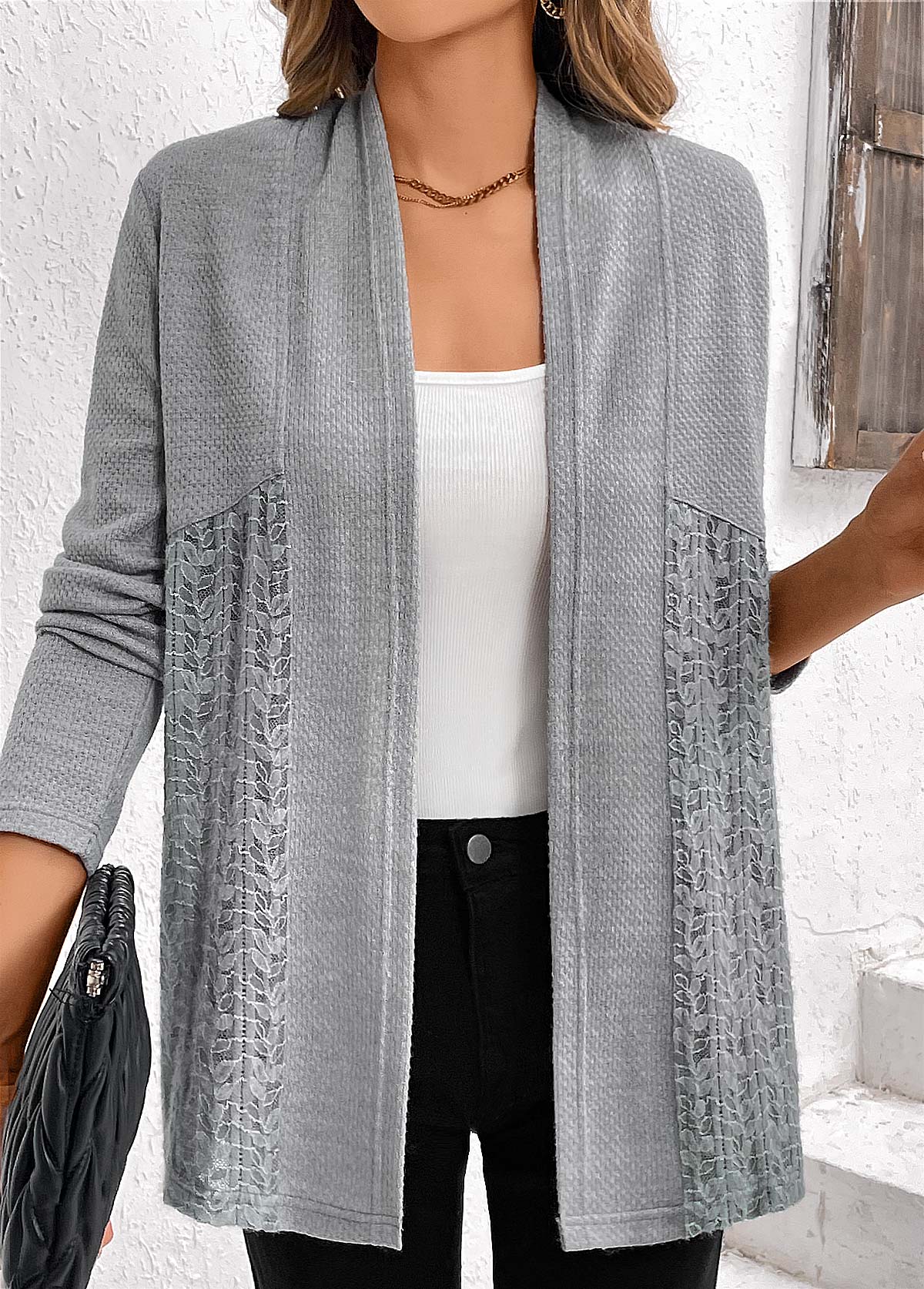 Grey Lace Patchwork Long Sleeve Cardigan | picture 