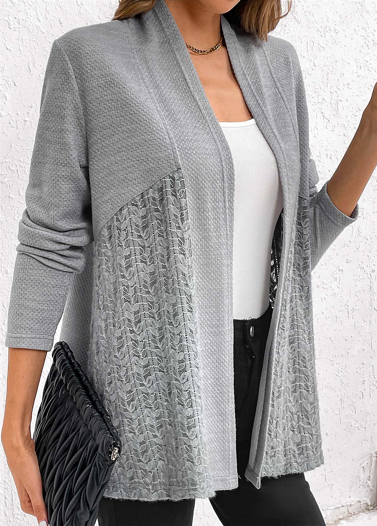 Grey Lace Patchwork Long Sleeve Cardigan | picture 