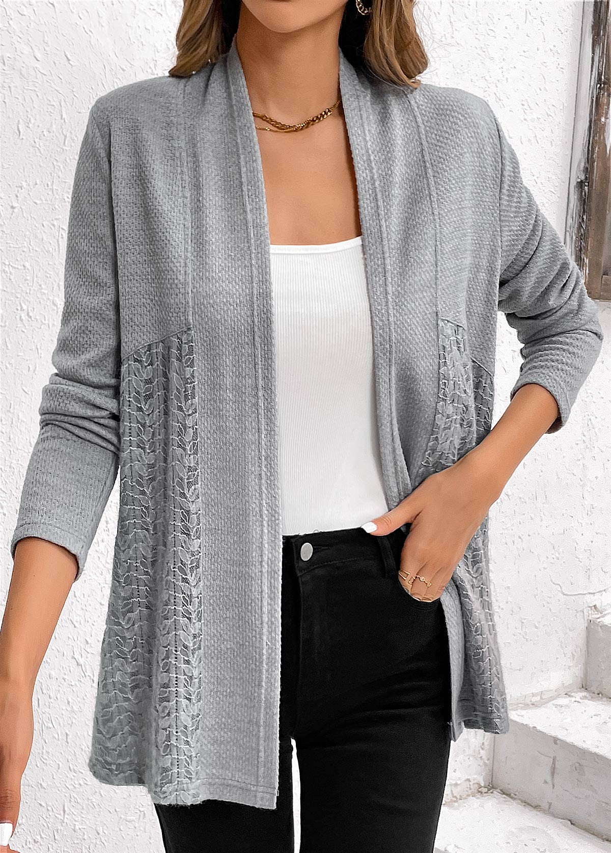 Grey Lace Patchwork Long Sleeve Cardigan | picture 
