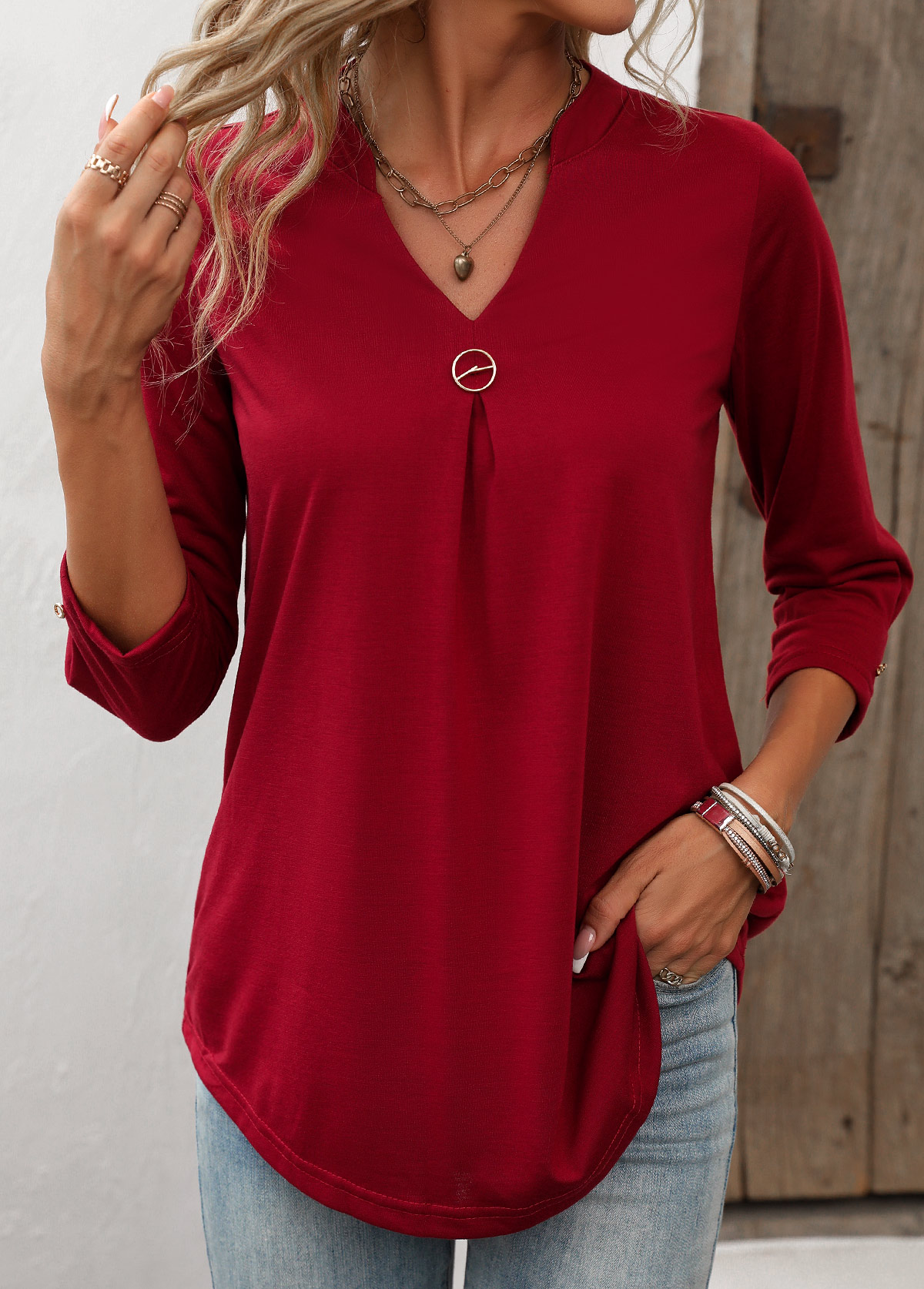 Wine Red Lightweight Circular Ring T Shirt | picture 