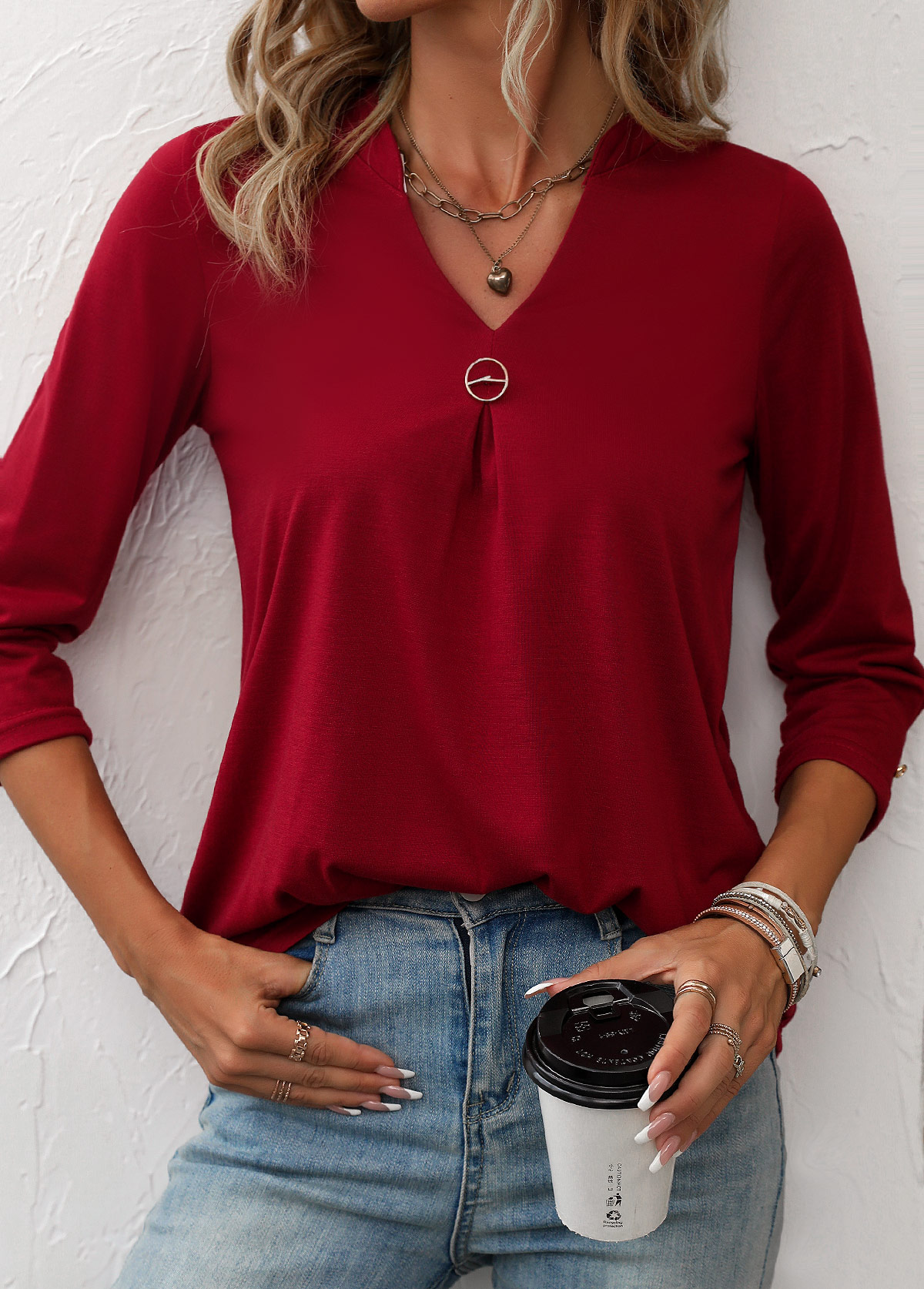 Wine Red Lightweight Circular Ring T Shirt | picture 