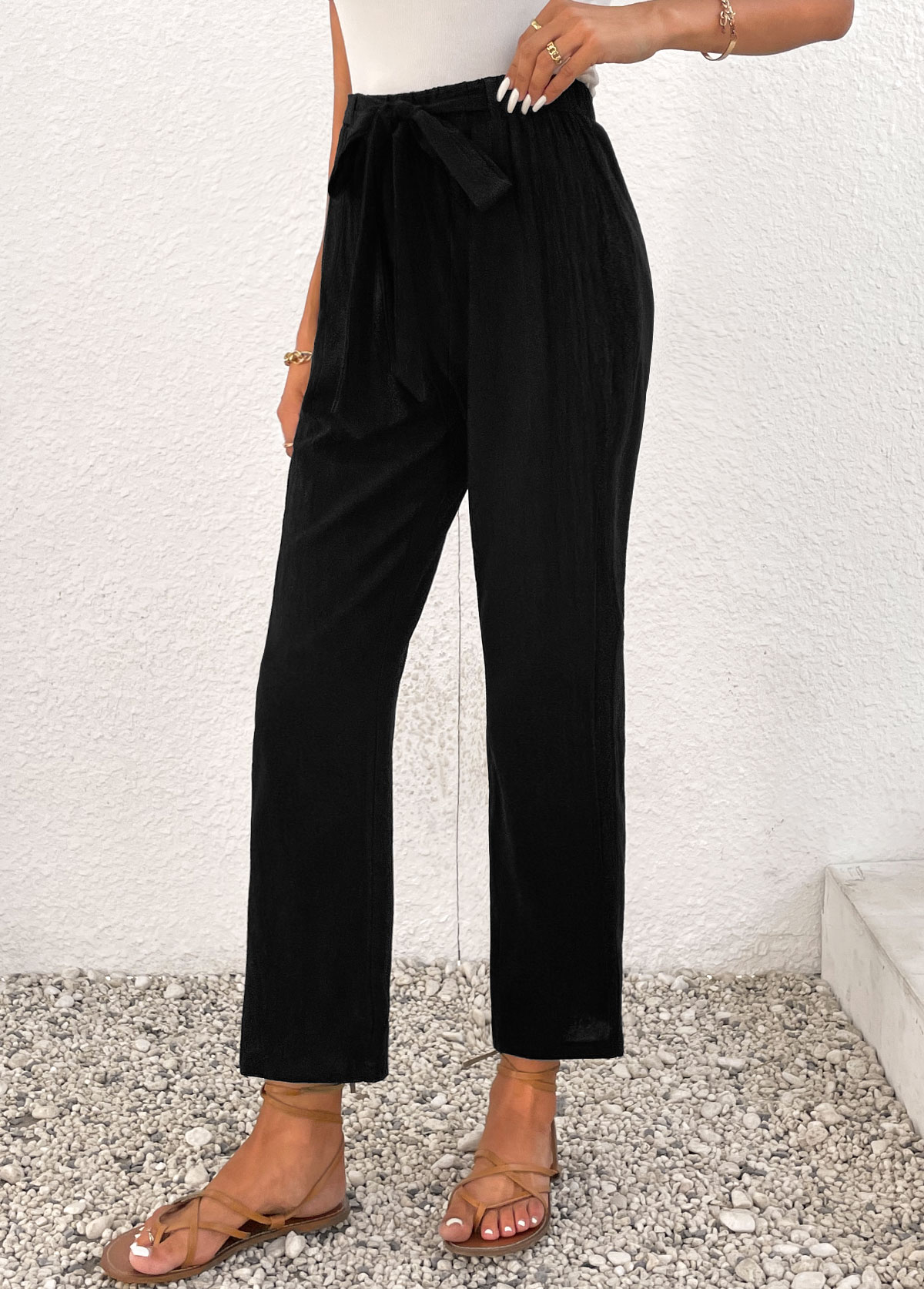 Black Bowknot Elastic Waist High Waisted Pants | picture 
