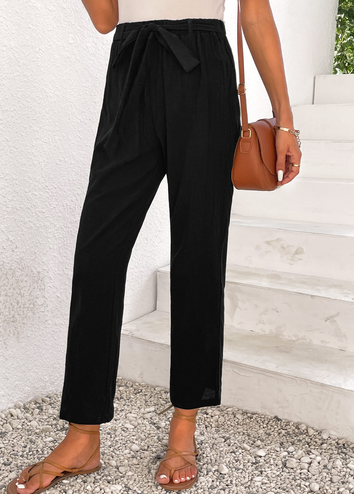 Black Bowknot Elastic Waist High Waisted Pants | picture 
