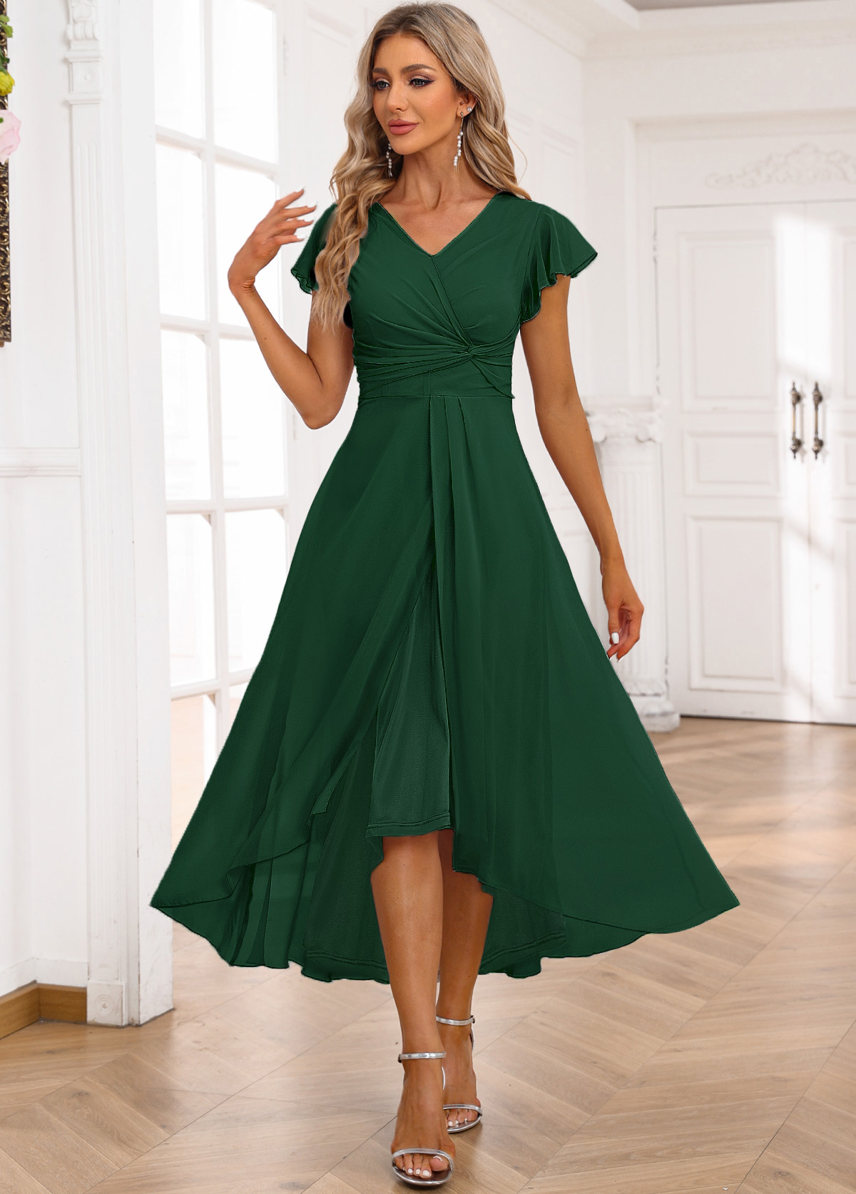 Blackish Green Twist High Low Short Sleeve Dress | picture 