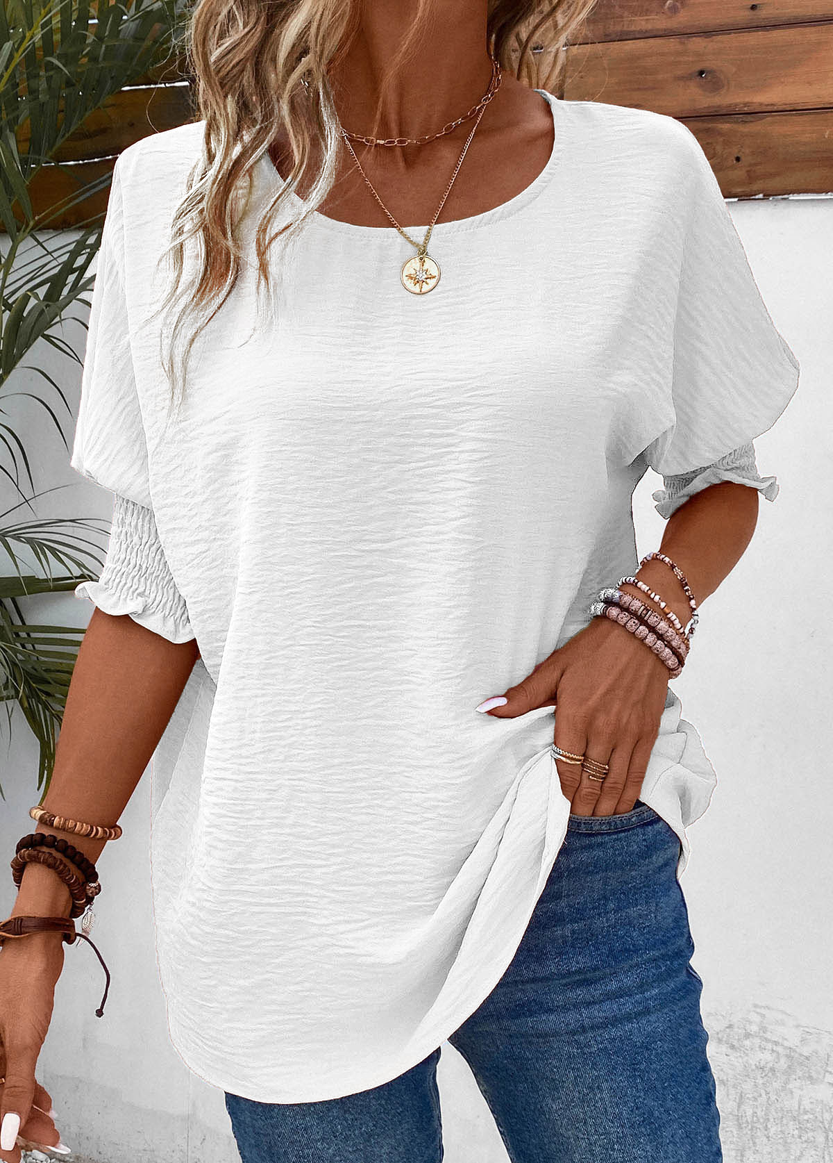 White Smocked Half Sleeve Round Neck T Shirt | picture 